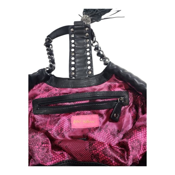 Betsey Johnson Whips & Studs 100% Lambskin Hobo Matte black Shoulder Bag Punk - Picture 8 of 12